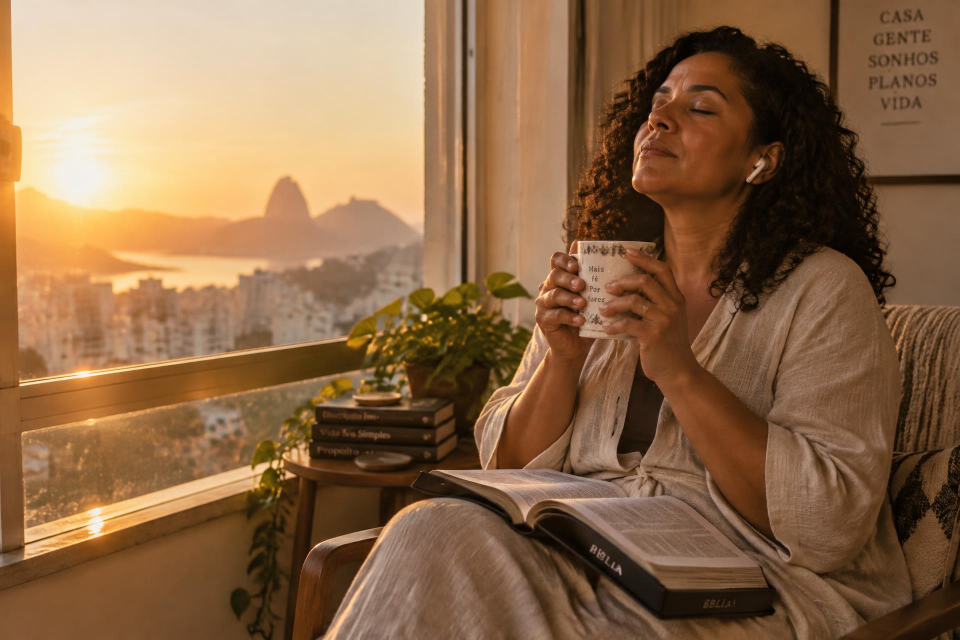 Mulher de olhos fechados ao amanhecer, com fone de ouvido, na luz da janela